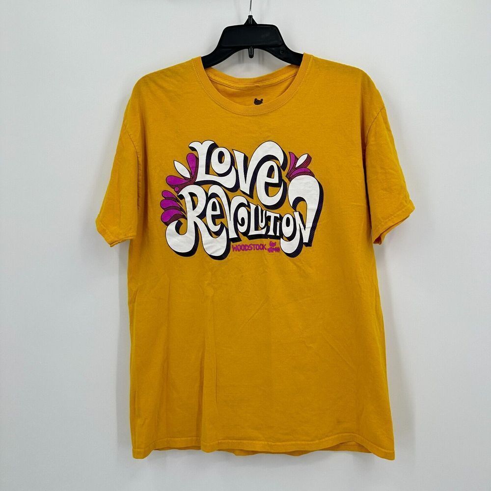 Woodstock Tshirt Mens L Yellow Love Revolution Music Hippie Groovy Peace 70s